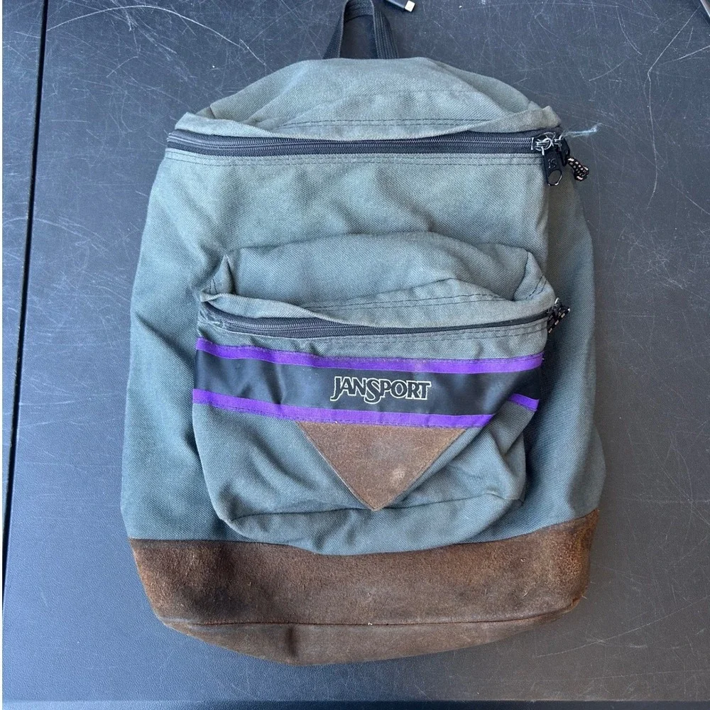 Vintage JanSport Backpack Green Suede Bottom Leather Trim 90s Made in USA Style